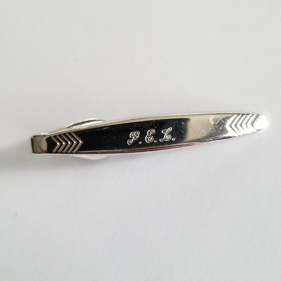 Vintage tie clip Swank engraved PEL monogram silver tone - Picture 3 of 10